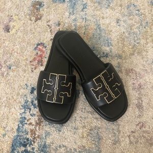 TORY BURCH DOUBLE T SPORT SLIDE BLACK/GOLD SZ 7